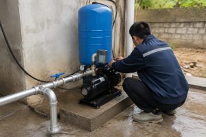 A Chinese technician adjusts a pressure switch on a black surface water pump installed on a raised concrete platform beside a large blue pressure tank. Clean metal inlet and outlet pipes are professionally connected with valves fittings and a pressure gauge for monitoring a residential water supply system. The outdoor installation area appears damp from recent testing while the pump and pipework remain securely mounted and ready for operation. No solar panels are visible in this scene but the pressure control layout is also relevant to HYBSUN solar pump and solar water pump installations including a solar powered pond pump or pond pump system that requires stable and reliable water pressure.