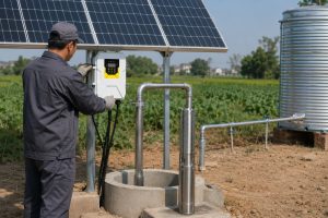 A realistic outdoor HYBSUN solar pump installation scene showing a Chinese technician adjusting a white solar pump controller beneath large solar panels beside a concrete borehole wellhead. A stainless steel submersible solar water pump is displayed upright next to the well, while clean metal discharge pipes rise from the well and connect professionally toward a corrugated water storage tank for farm irrigation. The setup highlights a reliable HYBSUN solar pump system for users comparing the best water pump brand, including applications such as a solar powered pond pump, solar water pump, and pond pump system for efficient off grid water supply.