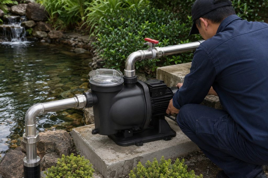 A professional technician installs a compact black pond pump system on a concrete platform beside a small landscaped garden pond. The pump features a clear strainer lid and clean stainless steel inlet and outlet pipes with secure unions elbows and a control valve. Clear circulating water flows through a natural rock waterfall surrounded by dense green plants. The realistic setup demonstrates proper pond circulation for a 100 gallon pond and helps users compare a conventional system with a solar powered pond pump HYBSUN solar pump or solar water pump solution.