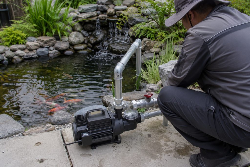 A Chinese technician inspects a compact black pond pump system installed on a concrete platform beside a landscaped 300 gallon koi pond. The surface-mounted pump is connected to clean metal inlet and outlet pipes with professional fittings and a control valve, circulating clear water toward a natural stone waterfall. Green aquatic plants, smooth rocks and colorful koi surround the installation. No solar panels are visible, but the practical setup shows how a HYBSUN solar pump solar water pump or solar powered pond pump can support reliable filtration oxygenation and water circulation in a small garden pond.