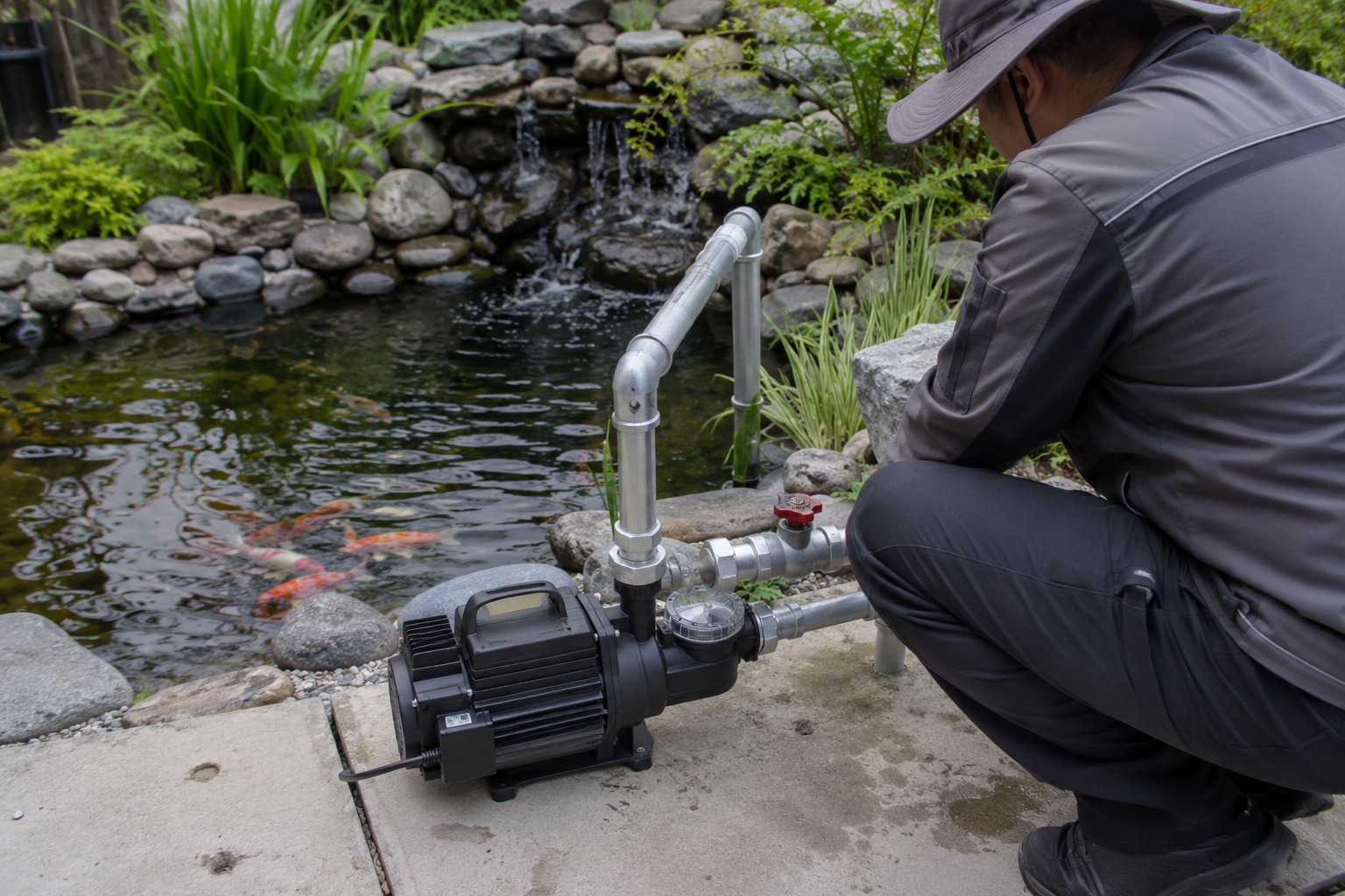 A clear 300-gallon pond with a small waterfall feature powered by a properly sized pump.