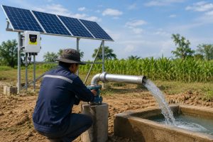 A Chinese technician adjusts a professionally installed HYBSUN solar pump system beside a rural crop field. The submersible solar water pump operates below the concrete wellhead, while clean galvanized metal piping carries a strong, steady flow of water into an irrigation basin. A roof-mounted array of solar panels powers the correctly proportioned HYBSUN controller fixed to the support frame. This reliable off-grid installation demonstrates the practical technology also used in a solar powered pond pump and pond pump system for farms, homes, ranches, and remote water supply applications.
