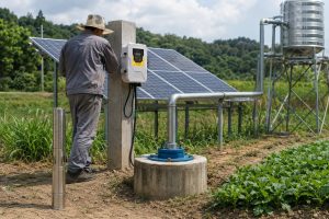 O instalație de pompe solare HYBSUN într-un câmp agricol rural, cu o pompă submersibilă din oțel inoxidabil expusă lângă un cap de puț etanș. Țevile metalice galvanizate curate transportă apa din puțul subteran către un rezervor de stocare din oțel inoxidabil ridicat, în timp ce un tehnician chinez verifică controlerul pompei solare montat pe perete. Mai multe panouri fotovoltaice sunt instalate pe un cadru metalic înclinat pentru a alimenta pompa solară de apă fără electricitate de la rețea. Apa se deplasează prin conducta de refulare închisă, astfel încât nu este vizibil niciun flux de apă deschis. Culturile verzi, iarba, dealurile împădurite și un decor exterior luminos creează un mediu realist de irigații independente de rețea. Această configurație profesională de pompare solară demonstrează, de asemenea, principiile energiei regenerabile utilizate într-o pompă de iaz alimentată cu energie solară și un sistem de pompe pentru iaz, evidențiind în același timp designul practic al unei pompe solare HYBSUN.