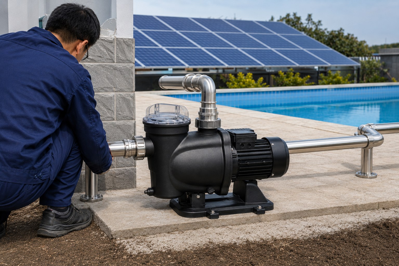 A clean swimming pool with solar panels installed on a nearby roof