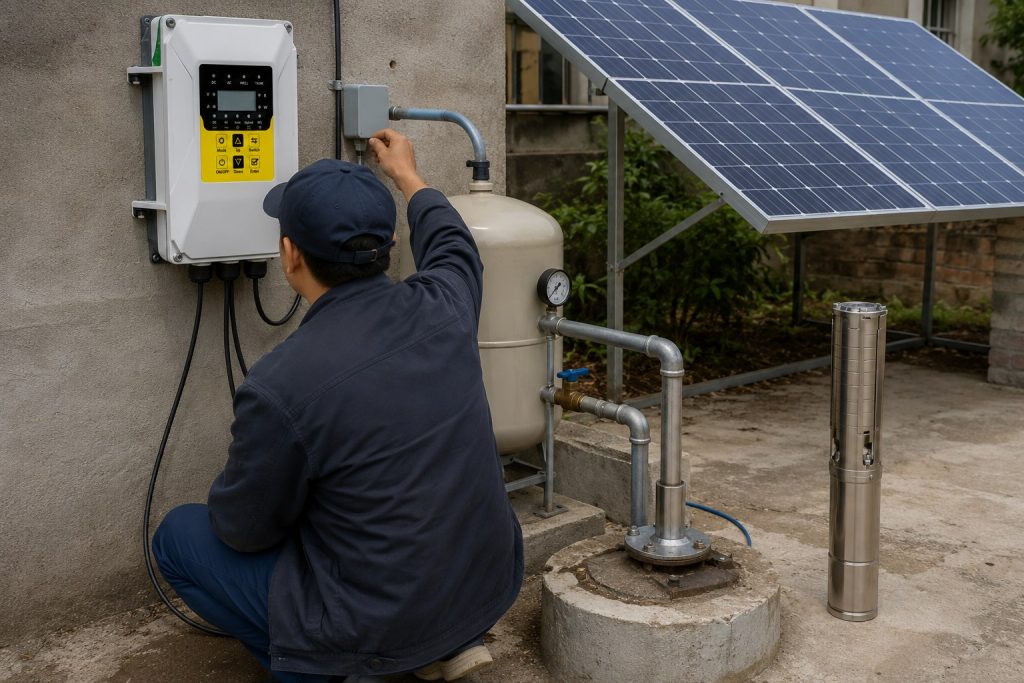 A realistic outdoor HYBSUN solar water pump installation scene showing a Chinese technician checking the reset area near a pressure switch and pressure tank after the home water supply has stopped. The system includes a wall mounted HYBSUN solar pump controller, clean metal piping from the sealed wellhead, a pressure gauge, a valve assembly, and solar panels mounted beside the house. A stainless steel deep well pump is displayed upright next to the well for product reference, while the actual borehole pump system is connected through the wellhead for a professional and realistic setup. The image clearly shows a solar water pump system used for well water supply, with no visible water flow during troubleshooting, making it suitable for guides about how to reset a water pump, HYBSUN solar pump maintenance, solar powered pond pump applications, and pond pump system installation support.