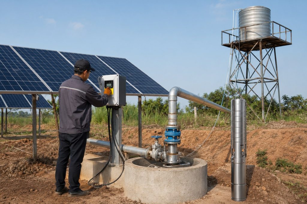 A realistic outdoor HYBSUN solar pump installation showing a stainless steel 1 HP submersible borehole pump displayed beside a concrete wellhead, with clean galvanized metal pipes rising from the well and connecting through valves and elbows toward an elevated water tank. A Chinese technician checks the solar pump controller mounted near the well, while large solar panels power the system in a rural irrigation setting. The image clearly shows a professional solar water pump setup designed for vertical water lifting, with practical pipe connections, a raised storage tank, and field conditions that help explain how far a 1 HP pump can push water vertically. This scene is also useful for users comparing a HYBSUN solar pump with a solar powered pond pump or pond pump system for different water supply applications.