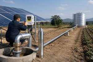 A realistic outdoor HYBSUN solar pump installation scene showing a stainless steel submersible solar water pump displayed beside a concrete borehole well while the actual water flow is routed through clean galvanized metal pipes from the wellhead toward a distant storage tank and irrigation field. A Chinese technician is adjusting the HYBSUN solar controller mounted near large solar panels, with professional pipe elbows, flange connections, and long horizontal piping arranged for practical farm water delivery. The scene helps explain how far a 1 hp pump can push water horizontally by showing the importance of pipe length, head pressure, pump design, and installation quality. This solar water pump setup is suitable for agricultural irrigation and long distance water transfer, and also helps users comparing a solar powered pond pump, pond pump system, or HYBSUN solar pump understand real installation conditions.