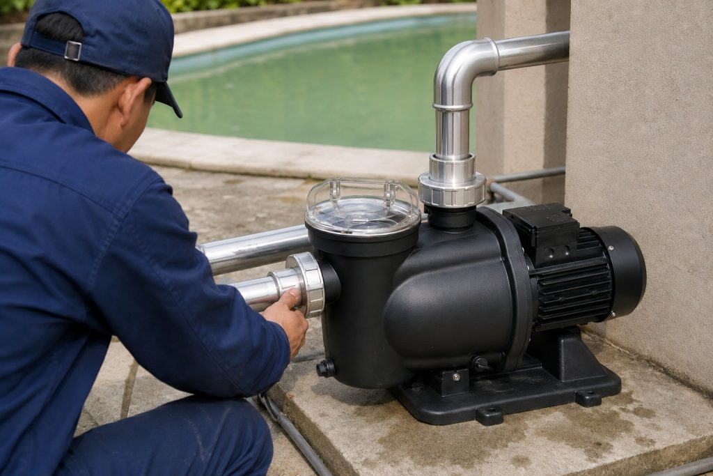 A Chinese pool technician inspects a single black HYBSUN pool pump installed on a concrete equipment platform beside an outdoor swimming pool with slightly cloudy green water. The pump features a clear strainer lid, a ribbed electric motor housing, and professionally connected stainless steel inlet and outlet pipes with clean union fittings and a vertical discharge elbow. No visible water flow is present while the circulation system is being checked, illustrating how quickly pool water can lose clarity when a pump stops operating. No solar panels are shown, although the professional installation layout is similar to piping used with a HYBSUN solar pump, solar water pump, solar powered pond pump, or complete pond pump system.