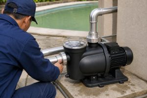 A Chinese pool technician inspects a single black HYBSUN pool pump installed on a concrete equipment platform beside an outdoor swimming pool with slightly cloudy green water. The pump features a clear strainer lid, a ribbed electric motor housing, and professionally connected stainless steel inlet and outlet pipes with clean union fittings and a vertical discharge elbow. No visible water flow is present while the circulation system is being checked, illustrating how quickly pool water can lose clarity when a pump stops operating. No solar panels are shown, although the professional installation layout is similar to piping used with a HYBSUN solar pump, solar water pump, solar powered pond pump, or complete pond pump system.