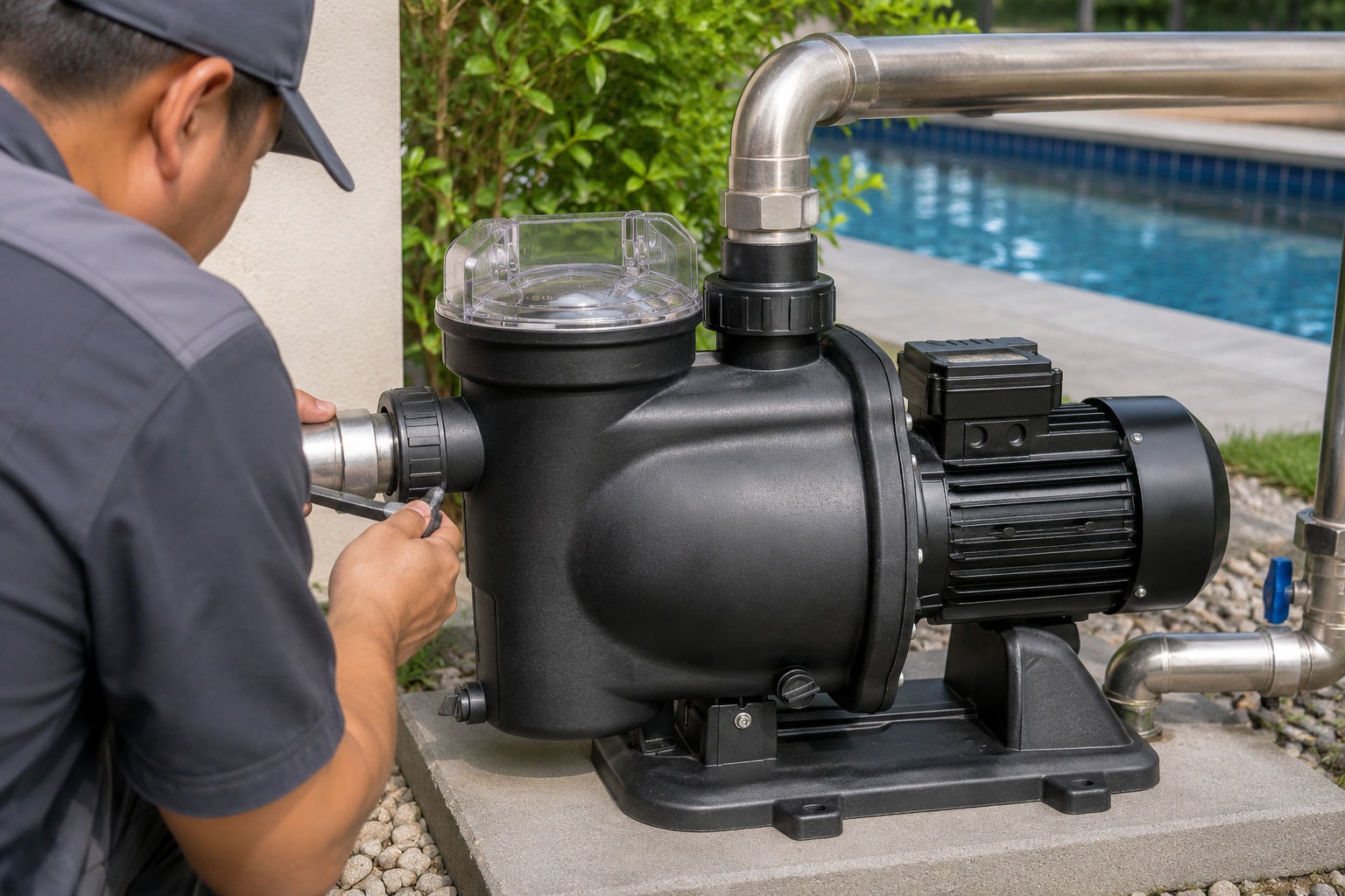 A clean 20,000 gallon swimming pool with a pump system nearby