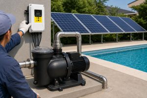 A Chinese technician checks a wall-mounted solar controller beside a black HYBSUN pool pump installed on a raised concrete platform near a clear outdoor swimming pool. The pump features a transparent strainer lid, a rear electric motor and professionally connected stainless steel inlet and outlet pipes. Six solar panels are positioned behind the equipment in direct sunlight, providing renewable energy for pool water circulation. The clean installation, sparkling pool water and landscaped residential surroundings demonstrate how a HYBSUN solar pump can support an efficient solar water pump system for swimming pools and similar solar powered pond pump or pond pump system applications.