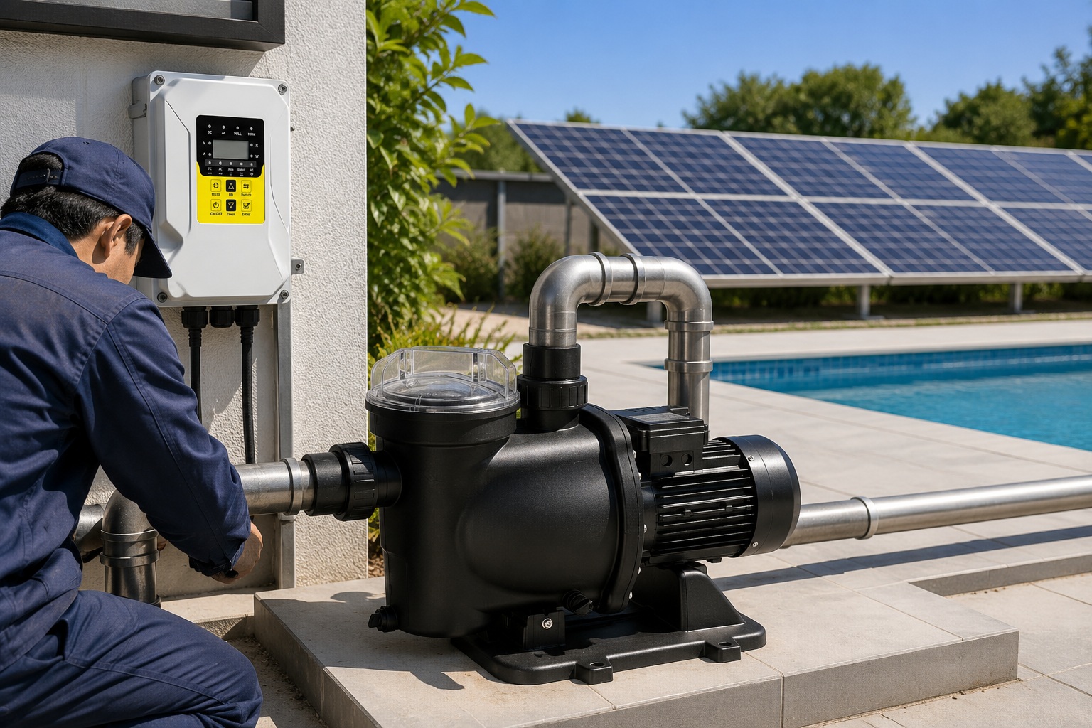 A row of solar panels installed on a roof next to a swimming pool