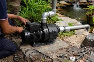 A technician inspects a compact black HYBSUN pond pump installed beside a landscaped garden pond, with clean metal inlet and outlet pipes securely connected to the pump housing. Water flows steadily through a small rock waterfall in the background, showing the pond pump system operating normally. Surrounded by natural stone, plants, and maintenance tools, the setup demonstrates a practical installation that could also be adapted for a solar powered pond pump or solar water pump system using compatible HYBSUN solar pump equipment.