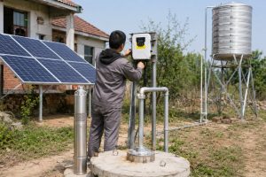 A Chinese technician inspects a HYBSUN solar pump controller beside a professionally installed rural borehole water system. A stainless steel submersible solar water pump is displayed upright next to the sealed wellhead, while clean metal discharge pipes carry water toward an elevated stainless steel storage tank. Large solar panels provide off grid power for the installation, helping reduce electricity costs and improve water access for a nearby farm or home. The pipe fittings, controller wiring and wellhead connections are arranged in a practical operating layout, with no exposed surface pumping or visible water leakage. Although this installation uses a deep well pump rather than a solar powered pond pump, it demonstrates the reliable solar energy components and professional piping principles commonly used in a HYBSUN solar pump or pond pump system.