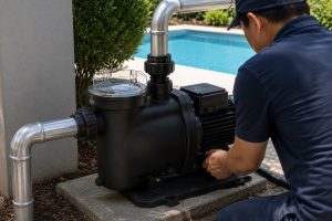A Chinese pool technician inspects a large black swimming pool pump installed on a concrete equipment base beside a residential pool. The pump features a transparent strainer lid, ribbed electric motor housing, and clean metal inlet and outlet pipes connected with professional unions and elbows. The closed circulation system shows no exposed water discharge, while clear blue pool water and landscaped greenery appear in the background. No solar panels are visible in this conventional installation, which can be compared with energy-saving alternatives such as a HYBSUN solar pump, solar water pump, solar powered pond pump, or complete pond pump system.