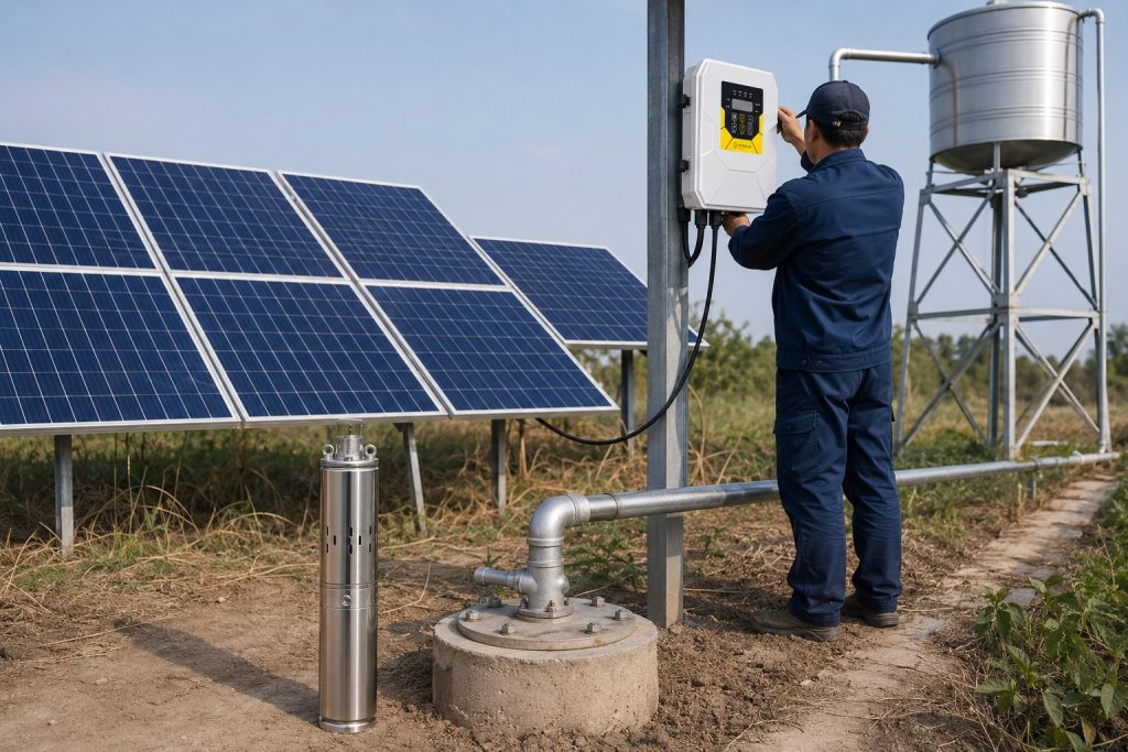 A realistic outdoor HYBSUN solar pump installation scene showing a stainless steel submersible water pump displayed beside a concrete borehole wellhead, with clean metal outlet pipes connected through professional elbows and fittings toward an elevated water tank. A Chinese technician is adjusting the HYBSUN solar pump controller while multiple solar panels supply power to the solar water pump system. The setup illustrates how a 1 hp water pump can be used for irrigation, water storage, or a pond pump system, with the HYBSUN solar pump positioned as part of a complete solar powered pond pump and deep well water pumping solution.