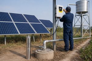 A realistic outdoor HYBSUN solar pump installation scene showing a stainless steel submersible water pump displayed beside a concrete borehole wellhead, with clean metal outlet pipes connected through professional elbows and fittings toward an elevated water tank. A Chinese technician is adjusting the HYBSUN solar pump controller while multiple solar panels supply power to the solar water pump system. The setup illustrates how a 1 hp water pump can be used for irrigation, water storage, or a pond pump system, with the HYBSUN solar pump positioned as part of a complete solar powered pond pump and deep well water pumping solution.
