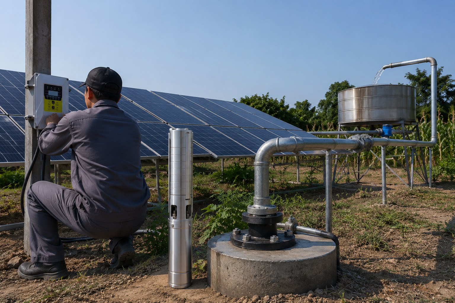 A technician installing a solar water pump in a field
