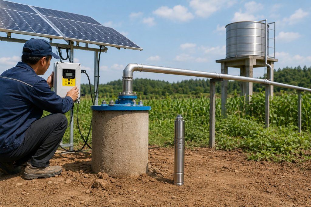 A realistic outdoor HYBSUN solar pump installation scene showing a stainless steel deep well pump displayed beside a concrete borehole while a Chinese technician adjusts the solar pump controller under mounted solar panels. Clean metal piping rises from the wellhead and runs professionally toward an elevated water storage tank, creating a complete solar water pump system for reliable farm irrigation and household water supply. The setup includes a visible controller, solar panels, wellhead connection, discharge pipe, and rural field surroundings, illustrating how a HYBSUN solar pump can support a dependable pond pump system, solar powered pond pump application, or off grid water supply solution with clean and consistent water delivery.