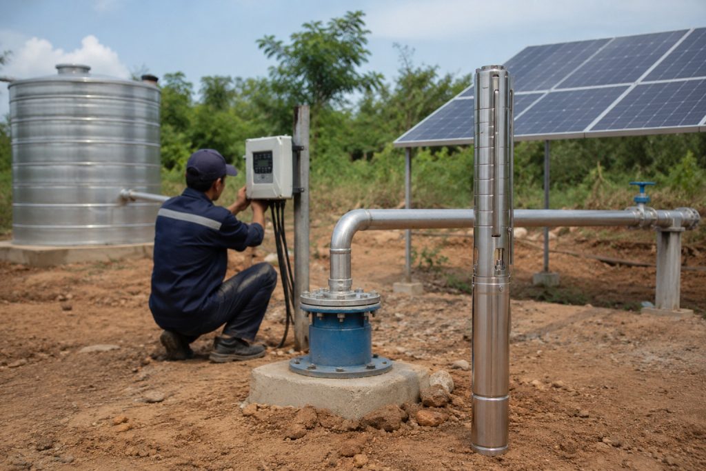 A realistic outdoor HYBSUN solar pump troubleshooting scene showing a stainless steel solar water pump displayed beside a borehole wellhead while a technician checks the solar pump controller and power connections. Clean metal piping runs from the wellhead toward a water storage tank and irrigation line, with solar panels installed in the background to power the system. The scene shows a professional field installation where low water pressure or no water flow is being inspected, making it suitable for explaining how to check if a pump is not working in a solar water pump system. The image also reflects practical applications for a HYBSUN solar pump, solar powered pond pump, pond pump system, and rural solar irrigation setup.