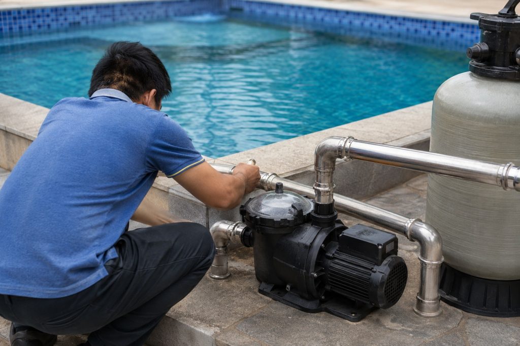 A Chinese pool technician checks a black outdoor swimming pool pump connected to clean stainless steel inlet and outlet pipes beside a large sand filter. Clear blue pool water shows gentle surface movement in the background, while the professional installation demonstrates practical pool circulation equipment and offers a useful reference for comparing a conventional system with a HYBSUN solar pump, solar water pump, solar powered pond pump or pond pump system.