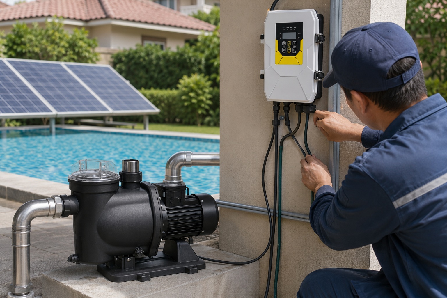 A solar panel connected to a pool pump system