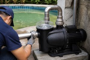 A Chinese technician inspects a single black swimming pool pump with a transparent strainer lid, mounted on a concrete equipment pad beside a cloudy green backyard pool. New stainless steel inlet and outlet pipes are professionally connected with secure metal unions for realistic water circulation, although no visible water flow or solar panels appear in the scene. The image supports pool maintenance guidance while also illustrating equipment principles relevant to a solar powered pond pump, solar water pump, pond pump system, and HYBSUN solar pump installation.