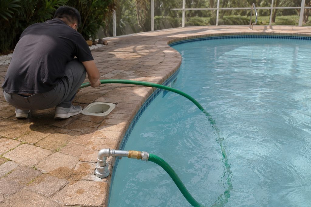 A Chinese pool maintenance technician uses a green garden hose to create a siphon and drain water from a residential swimming pool without relying on the installed HYBSUN pump. The black ground mounted pump remains connected to clean metal inlet and outlet pipes on a concrete equipment platform while water flows steadily through the hose toward a nearby drain. The realistic outdoor setting includes clear pool water, a stone deck, green lawn and landscaped garden. No solar panels are visible, as this manual drainage method is different from a solar powered pond pump solar water pump pond pump system or HYBSUN solar pump installation.