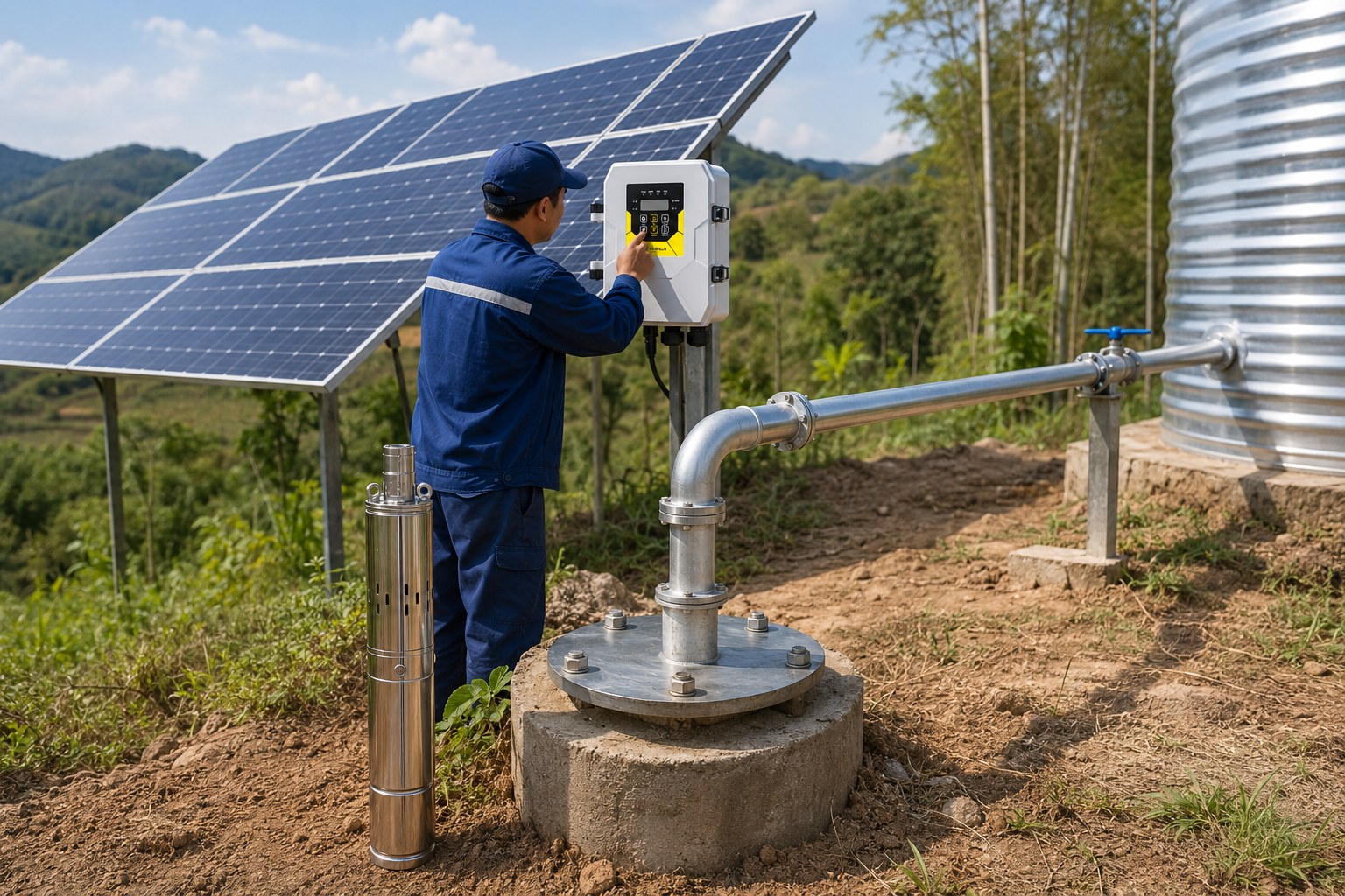 A person's hand pressing a reset button on a solar pump controller with solar panels in the background