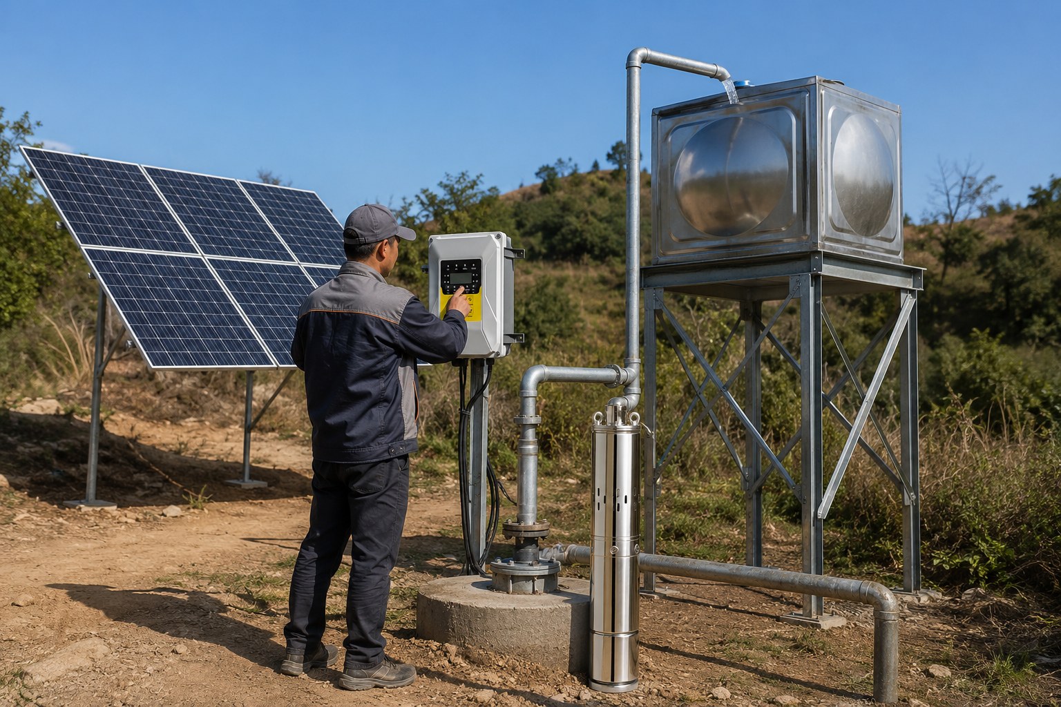 A technician setting parameters on a solar pump inverter with solar panels in the background.