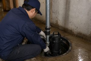 A realistic basement flooding scene showing one black HYBSUN sump pump installed inside an open sump pit while a Chinese technician in a navy work uniform checks the metal discharge pipe connection. The wet concrete floor, shallow standing water, rough basement wall, clean galvanized piping, hose clamps, and vertical drainage line create a practical installation environment that helps homeowners compare sump pump reliability when asking Is Zoeller or Liberty pump better. No solar panels are visible in this indoor basement scene, but the professional pump setup reflects the same dependable water moving performance buyers may also consider when researching a solar powered pond pump, solar water pump, pond pump system, or HYBSUN solar pump for other drainage and water transfer applications.