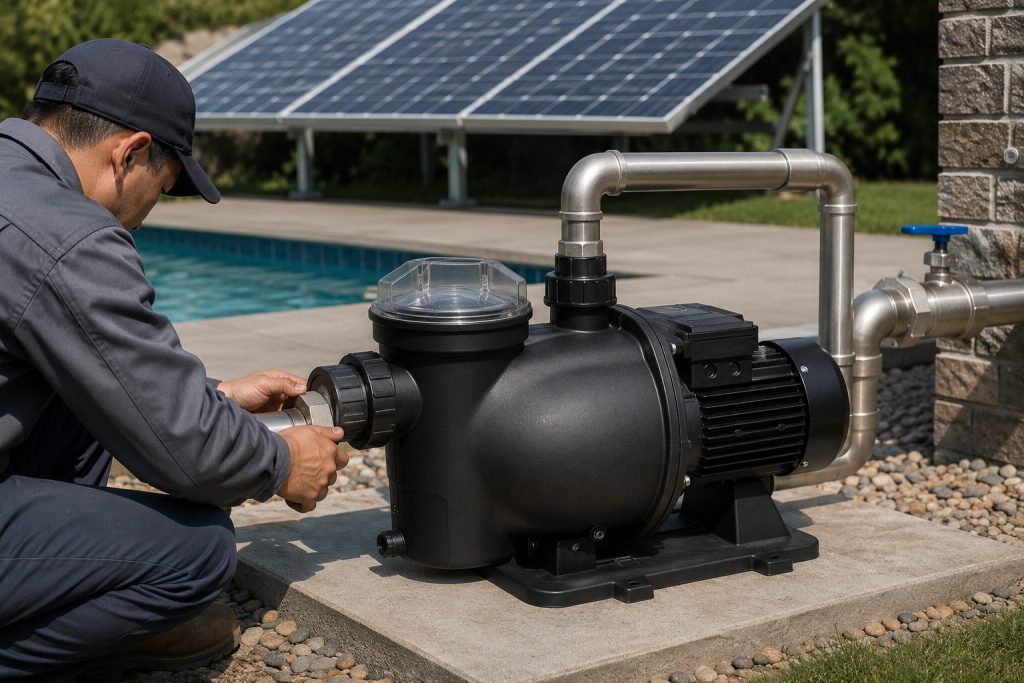 A Chinese technician installs a black HYBSUN solar pump beside a residential swimming pool, tightening the clean metal inlet connection while the top outlet pipe returns toward the pool circulation system. The pump features a transparent strainer lid, integrated motor, secure unions, stainless steel elbows and a blue isolation valve, with no visible leaks during inspection. Solar panels mounted behind the pool provide renewable power for quiet and energy efficient water circulation. This professional outdoor setup demonstrates how a solar water pump can serve as an alternative pool solution while using technology also suitable for a solar powered pond pump or compact pond pump system.