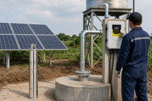 A Chinese technician inspects a HYBSUN solar pump controller beside a rural borehole installation powered by a large solar panel array. A polished stainless steel solar water pump is displayed upright near the sealed wellhead, while clean galvanized metal piping rises from the borehole and connects professionally to an elevated water tank. The system appears temporarily stopped for maintenance, with no visible water flow, highlighting the importance of checking the controller, pipe connections, seals and operating conditions before failure causes costly downtime. Surrounded by farmland and natural vegetation, the realistic installation demonstrates a professionally configured HYBSUN solar pump system suitable for irrigation, water storage and solar powered pond pump applications within a larger pond pump system.
