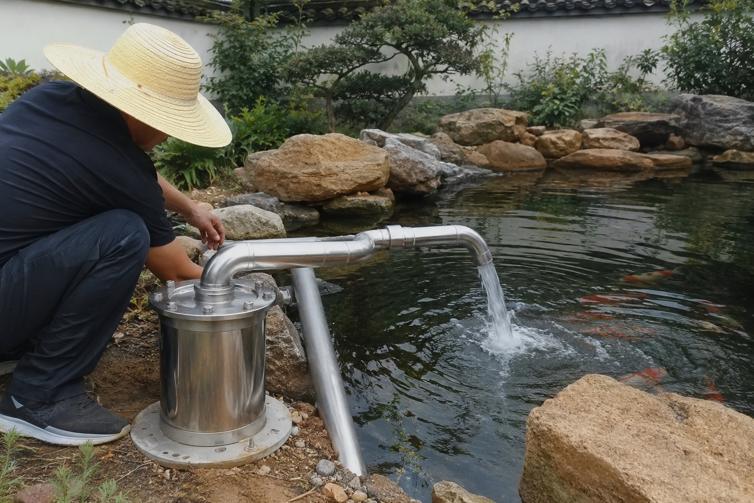 A beautiful koi pond with clear water and a small fountain