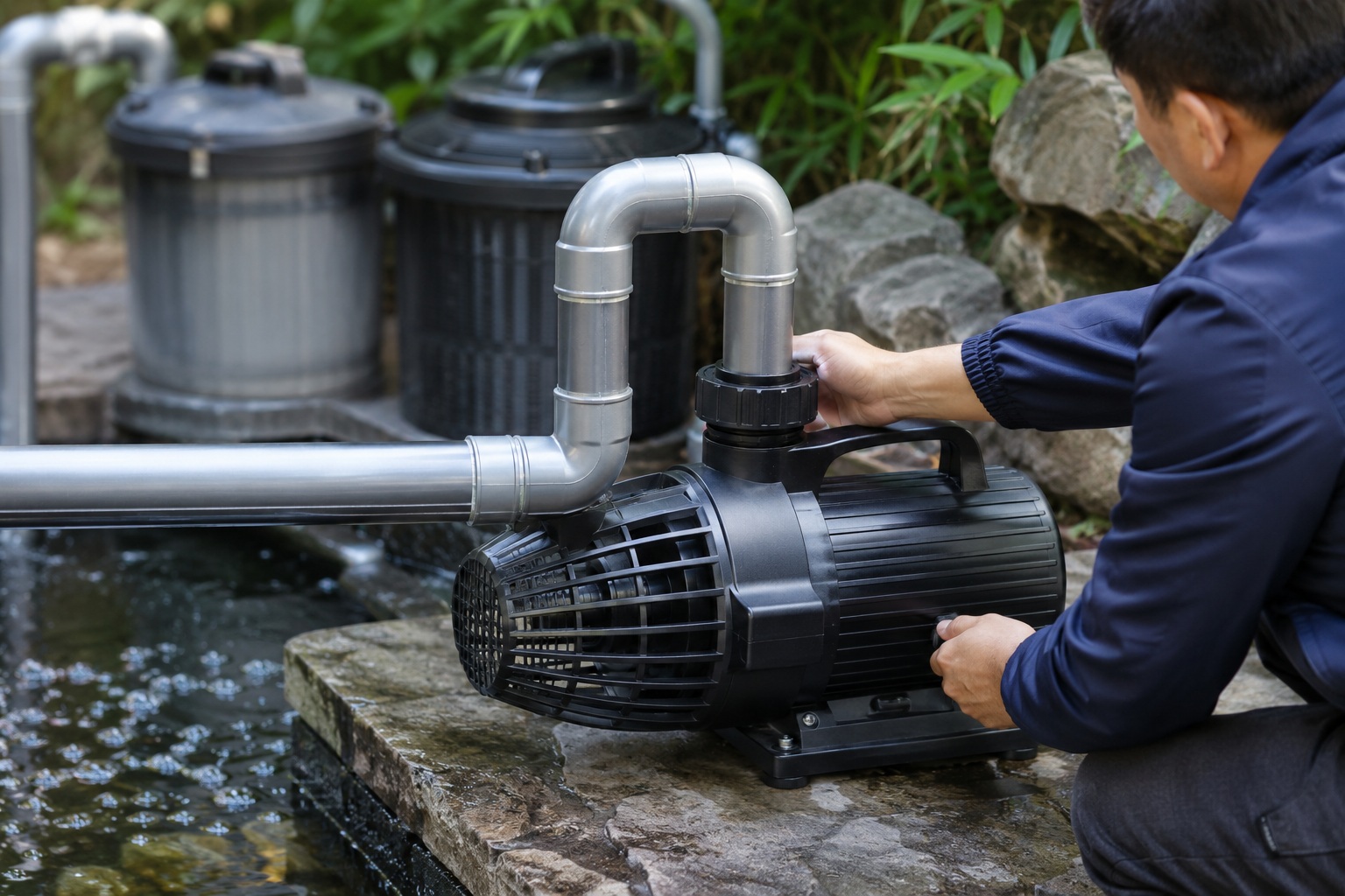 A clean pond with a non-clogging solids-handling pump