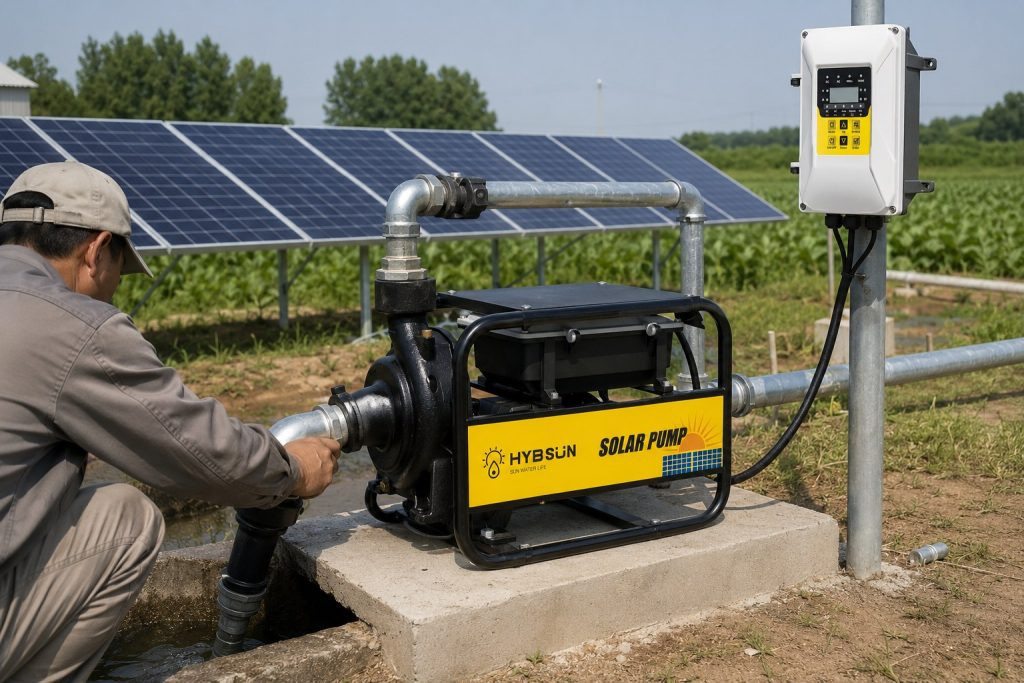 A realistic outdoor installation scene showing a HYBSUN solar pump mounted on a clean concrete base in a rural irrigation field. The black and yellow surface suction pump is connected with new galvanized metal inlet and outlet pipes, with a flexible suction hose drawing water from a nearby open water channel and a discharge pipe leading toward the irrigation system. A Chinese technician wearing work clothes and a cap is inspecting the pipe connection beside the pump, while a white solar pump controller is mounted on a metal post nearby. Large solar panels in the background supply power to the system, creating a professional solar water pump setup suitable for agricultural water transfer, pond pump system applications, and solar powered pond pump installations.