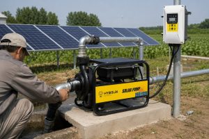A realistic outdoor installation scene showing a HYBSUN solar pump mounted on a clean concrete base in a rural irrigation field. The black and yellow surface suction pump is connected with new galvanized metal inlet and outlet pipes, with a flexible suction hose drawing water from a nearby open water channel and a discharge pipe leading toward the irrigation system. A Chinese technician wearing work clothes and a cap is inspecting the pipe connection beside the pump, while a white solar pump controller is mounted on a metal post nearby. Large solar panels in the background supply power to the system, creating a professional solar water pump setup suitable for agricultural water transfer, pond pump system applications, and solar powered pond pump installations.
