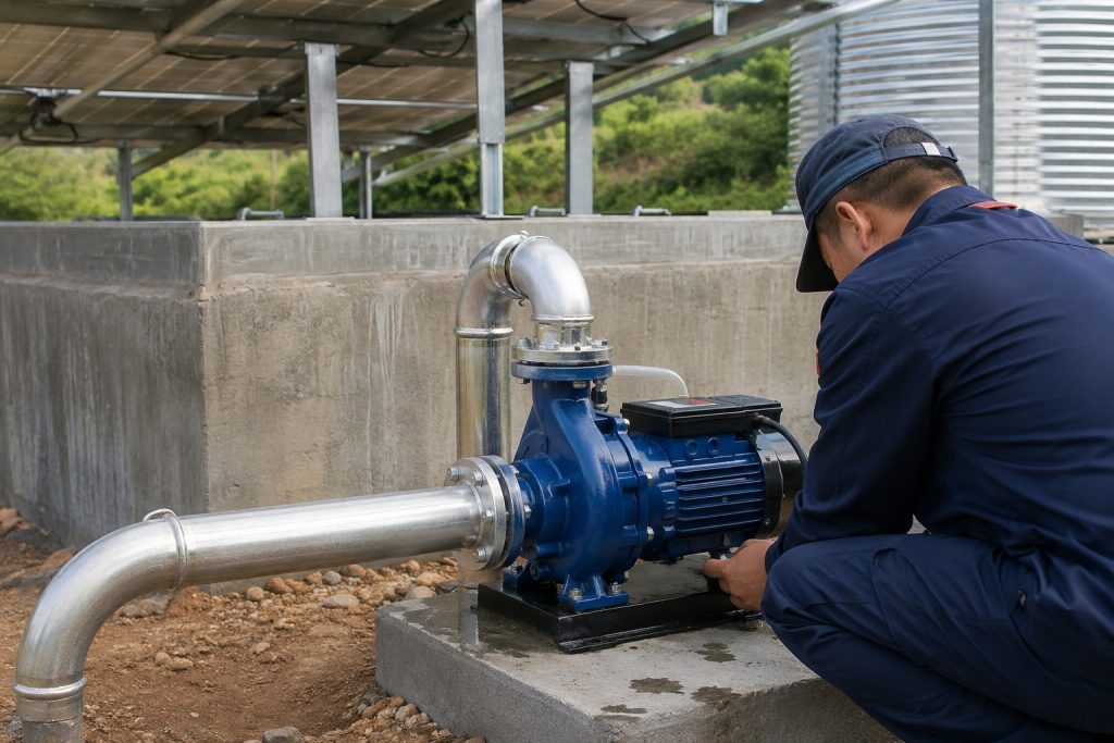 A Chinese technician inspects a blue HYBSUN water pump installed on a raised concrete base beneath an outdoor solar panel structure. The centrifugal pump is professionally connected to clean stainless steel inlet and outlet pipes with secure flanges and correctly positioned elbows. Large metal water tanks and green vegetation surround the installation, creating a realistic agricultural water supply setting. The technician checks the motor and pump housing for mechanical damage, worn bearings, seal problems, corrosion, contamination, and cavitation that may interrupt water flow. This maintenance scene is relevant to a HYBSUN solar pump, solar water pump, solar powered pond pump, and pond pump system used for irrigation and reliable water transfer.