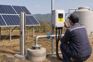 A realistic outdoor HYBSUN solar pump installation scene showing a stainless steel submersible borehole pump displayed beside a concrete wellhead while a Chinese technician checks the solar pump controller. Clean metal outlet pipes run from the wellhead through professional fittings toward a water storage tank, with solar panels positioned nearby to power the system. The setup suggests a pump system inspection where electrical issues, airlocks, pipe connections, or control faults may be mistaken for a bad water pump. This real working environment highlights a HYBSUN solar water pump used for rural water supply and irrigation, different from a solar powered pond pump or pond pump system but sharing similar troubleshooting principles.
