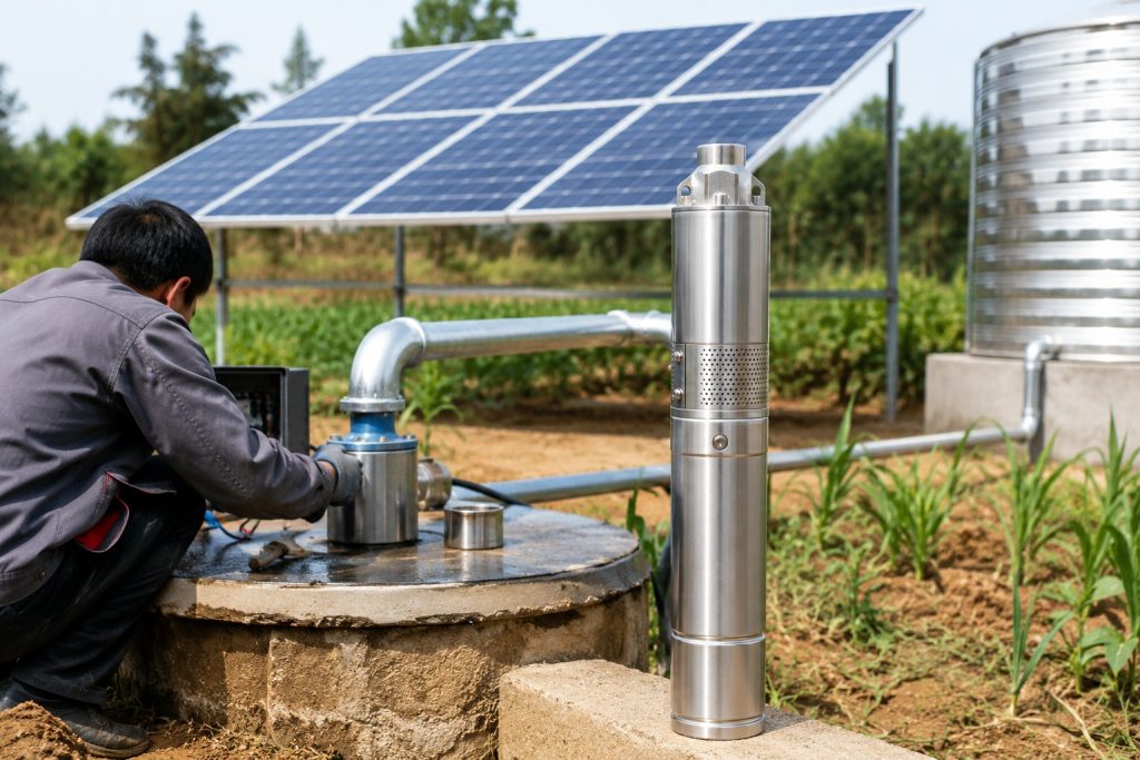 A realistic outdoor HYBSUN solar pump installation scene showing a stainless steel submersible solar water pump displayed beside a concrete wellhead while a Chinese technician checks the clean metal piping and control connection. The system includes a solar panel array, professional galvanized outlet pipes leading from the well toward a stainless water storage tank, and surrounding farmland used for irrigation. No visible water flow is shown, but the pipe layout appears ready for real operation. This setup highlights how a HYBSUN solar pump can support agricultural water supply, drip irrigation, a solar powered pond pump application, or a complete pond pump system with reliable solar water pump performance.