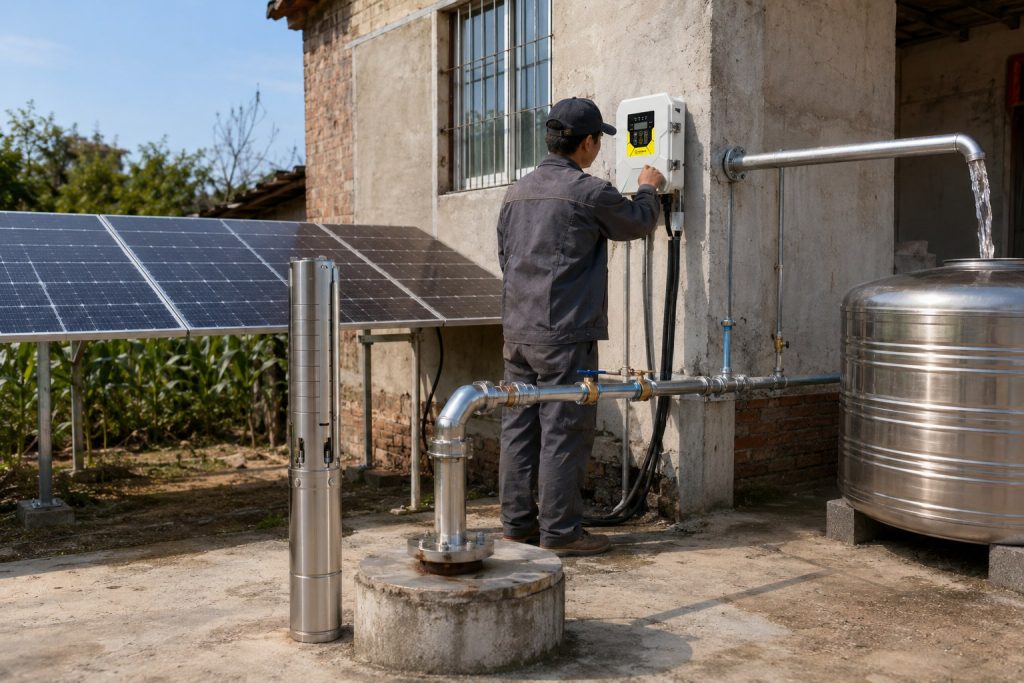 A realistic outdoor HYBSUN solar pump installation for domestic water supply, showing a stainless steel submersible pump displayed beside a concrete wellhead while clean metal pipes carry water from the borehole toward a shiny household water storage tank. A Chinese technician is adjusting the wall mounted solar pump controller, with black power cables running neatly to the system and a solar panel array installed beside the home. The scene shows clear water flowing from the outlet pipe into the tank, creating a practical residential setup for a solar water pump, solar powered pond pump, pond pump system, or off grid home water solution powered by a HYBSUN solar pump.