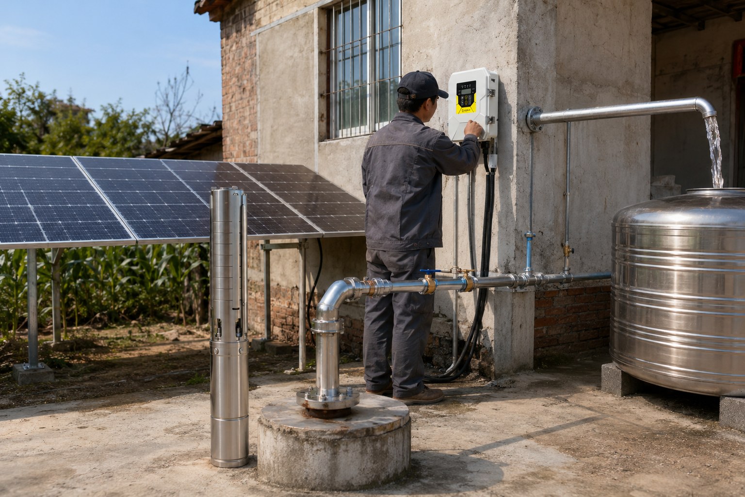 alt text="A clean, modern water pump installed in a well casing."