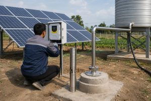 A realistic outdoor installation scene showing a HYBSUN solar pump system used for agricultural water supply, with a stainless steel submersible pump displayed beside a concrete borehole wellhead while the actual discharge pipe rises from the well and connects through clean metal piping to an elevated water tank. A Chinese technician is shown from behind adjusting the solar pump controller beside a large solar panel array, creating a professional field setup for a solar water pump application. The scene includes neat pipe connections, a secure wellhead flange, irrigation farmland in the background, and a practical solar powered pond pump and pond pump system style layout designed for efficient water transfer in rural and agricultural environments.