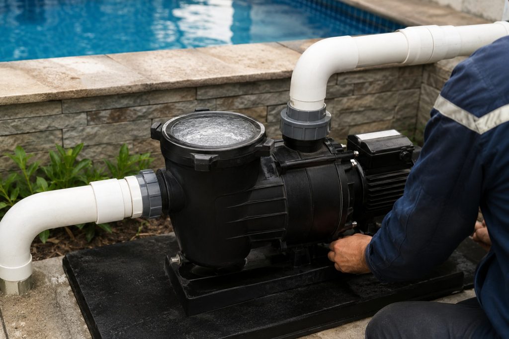 A professional outdoor pool equipment installation showing a HYBSUN solar pump system operating correctly beside a clear swimming pool. The black pool pump is installed on a stable platform with clean white PVC pipes securely connected to the inlet and outlet ports, allowing smooth water circulation through the pool system. The transparent pump basket is filled with water without visible air bubbles, while strong water flow is maintained through the connected return lines. A technician is inspecting the running pump to ensure reliable performance and proper operation. This realistic pool pump system installation demonstrates how a solar powered pond pump or solar water pump should look when working efficiently in an outdoor environment. The HYBSUN solar pump design provides stable water circulation, energy efficient operation, and dependable performance for residential and commercial water applications.