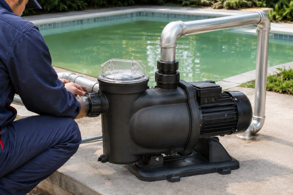 A professional technician inspects a single black HYBSUN pool pump installed on a concrete equipment platform beside a residential swimming pool. The pump features a clear strainer lid, a compact motor housing, and secure inlet and outlet connections fitted with clean metal pipes and professional union joints. The suction pipe enters the side of the pump, while the discharge pipe rises vertically before running toward the pool circulation system. Slightly cloudy green water in the background highlights the importance of operating the pump at the right time of day to improve filtration, circulation, and algae control. The technician is shown from the side without a visible face, creating a realistic outdoor maintenance scene. No solar panels are present, but the practical installation layout is also relevant to outdoor water circulation equipment such as a HYBSUN solar pump, solar water pump, solar powered pond pump, and pond pump system.