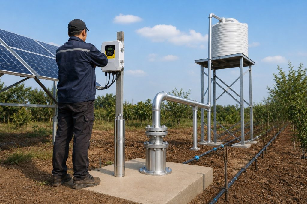 A realistic outdoor HYBSUN solar pump installation scene showing a stainless steel borehole pump displayed beside a concrete wellhead while a Chinese technician checks the solar pump controller mounted near the solar panel array. Clean metal discharge pipes rise from the wellhead and connect professionally to an elevated water tank and drip irrigation lines across an orchard field. The closed pipe system shows no exposed water flow, indicating a properly sealed solar water pump setup designed for stable pressure, reliable irrigation, and long service life. This scene helps explain what to look for when buying a water pump, including pump material, controller quality, solar power compatibility, correct pipe connection, and whether the system fits the required flow rate and pressure. It is also relevant for users comparing a HYBSUN solar pump, solar powered pond pump, pond pump system, or agricultural solar water pump for efficient outdoor water supply.