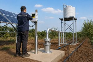 A realistic outdoor HYBSUN solar pump installation scene showing a stainless steel borehole pump displayed beside a concrete wellhead while a Chinese technician checks the solar pump controller mounted near the solar panel array. Clean metal discharge pipes rise from the wellhead and connect professionally to an elevated water tank and drip irrigation lines across an orchard field. The closed pipe system shows no exposed water flow, indicating a properly sealed solar water pump setup designed for stable pressure, reliable irrigation, and long service life. This scene helps explain what to look for when buying a water pump, including pump material, controller quality, solar power compatibility, correct pipe connection, and whether the system fits the required flow rate and pressure. It is also relevant for users comparing a HYBSUN solar pump, solar powered pond pump, pond pump system, or agricultural solar water pump for efficient outdoor water supply.