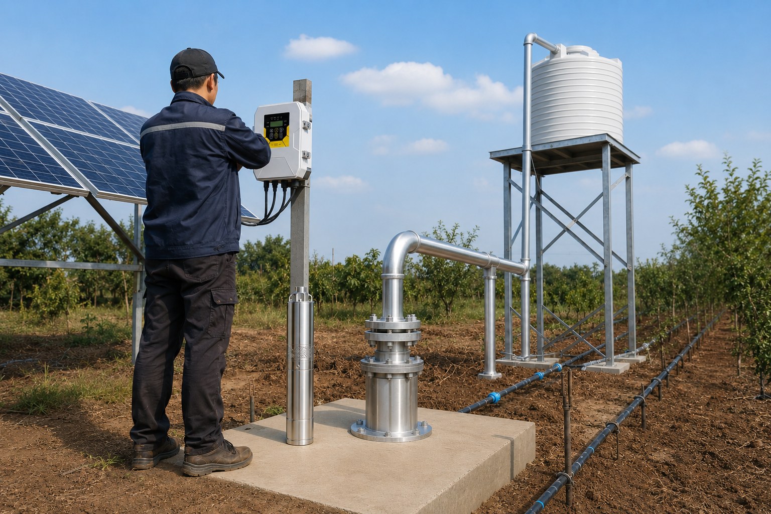 A person inspecting a water pump system in a clean utility room