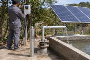 A Chinese technician checks a weatherproof controller beside a rural solar water pump installation while a stainless steel HYBSUN solar pump is displayed upright near the borehole. New galvanized metal piping rises from the sealed wellhead and carries a steady stream of clear water into a concrete storage basin, with a shutoff valve and professional fittings arranged for reliable operation. A large solar panel array powers the system in a sunny agricultural setting surrounded by trees and open countryside. The realistic installation demonstrates how a compact pump can support domestic water supply irrigation or a solar powered pond pump application while forming part of an efficient pond pump system.