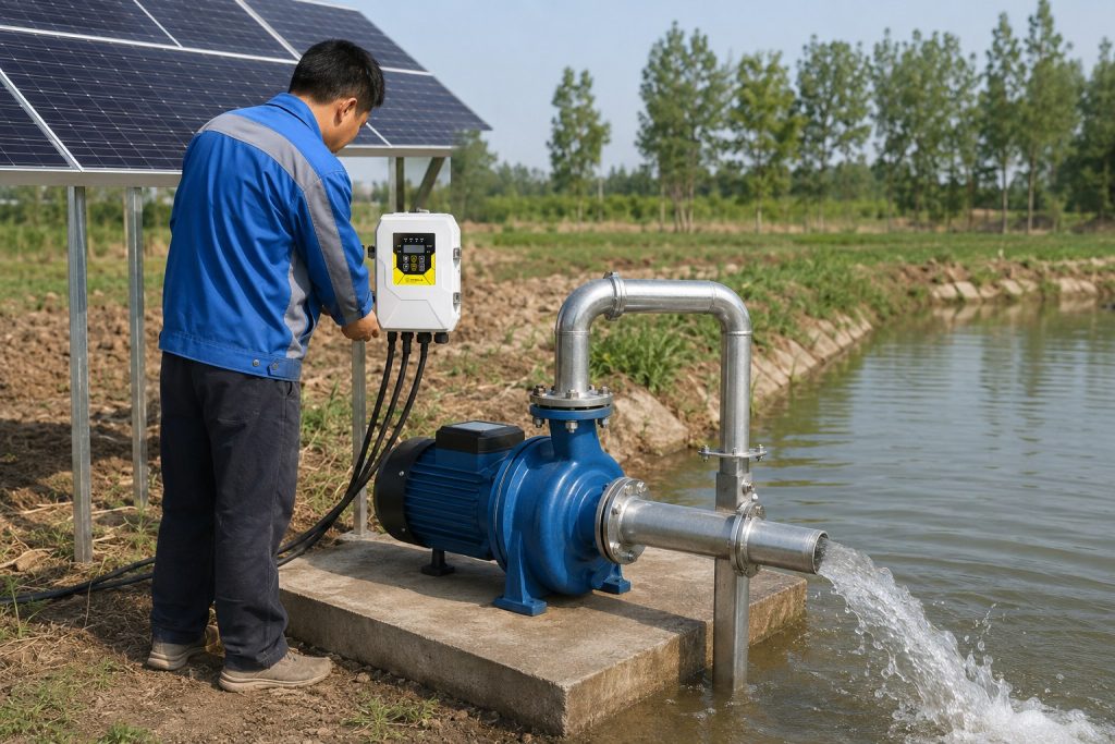 A realistic outdoor installation scene showing a HYBSUN solar pump system working beside a rural pond, with a blue water pump mounted on a concrete platform and connected to clean stainless steel inlet and outlet pipes. A Chinese technician is checking the white HYBSUN solar controller while solar panels power the pond pump system in the background. Clear water flows strongly from the metal discharge pipe into the pond, creating a practical solar powered pond pump setup for irrigation, water transfer, and agricultural use. The natural countryside environment, professional pipe connections, solar water pump equipment, and active water flow make the image suitable for explaining reliable pump solutions when comparing major pump manufacturers worldwide.